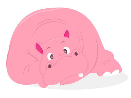 A cartoon illustration of a pink cartoon hippopotamus with its face front facing and lying down on the ground. のイラスト素材
