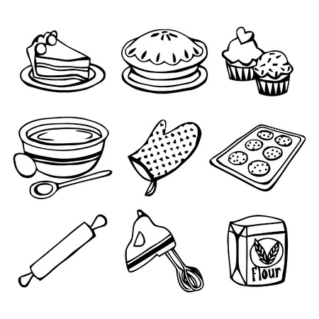 A black and white illustration baking related iconsのイラスト素材