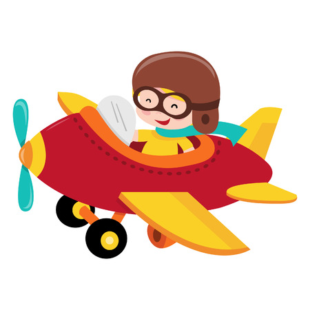 A cartoon illustration of a happy pilot kid/boy flying a plane. のイラスト素材