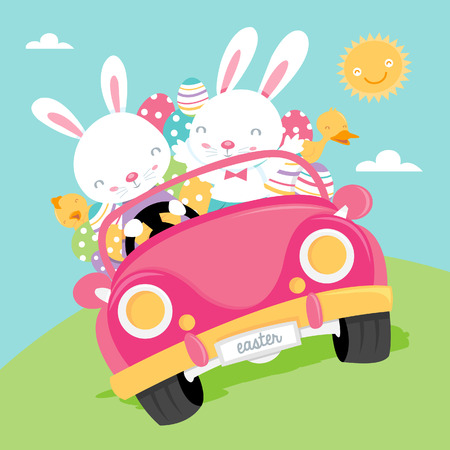 A cartoon illustration of two happy easter bunnies carrying a load of easter eggs in a convertible car. のイラスト素材