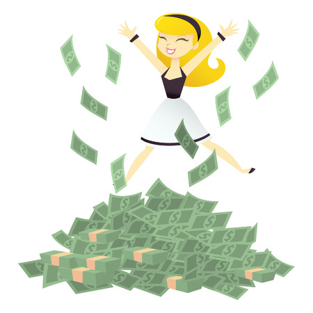 A cartoon illustration of woman jumping out of joy at a pile of cash.のイラスト素材