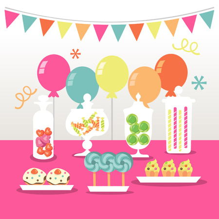 A chic illustration of a candy buffet party: candies in apothecary jars, lollipops, balloons and other sweet treats.のイラスト素材