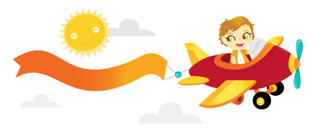 A cartoon illustration of a happy boy flying a aeroplane with a blank banner up in the sky.のイラスト素材