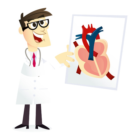 A cartoon illustration of a happy doctor showing off a diagram of a cross section of heart organ.のイラスト素材