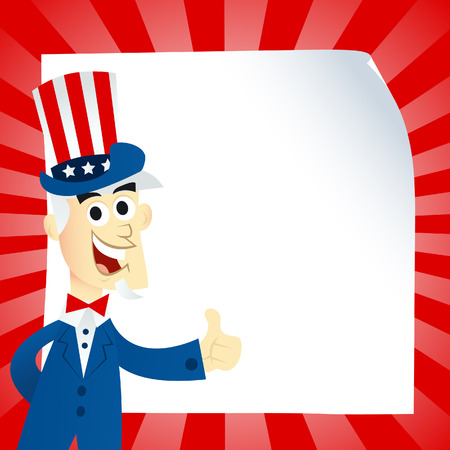 A cartoon illustration of uncle Sam in front of blank piece of poster doing a thumb up.のイラスト素材
