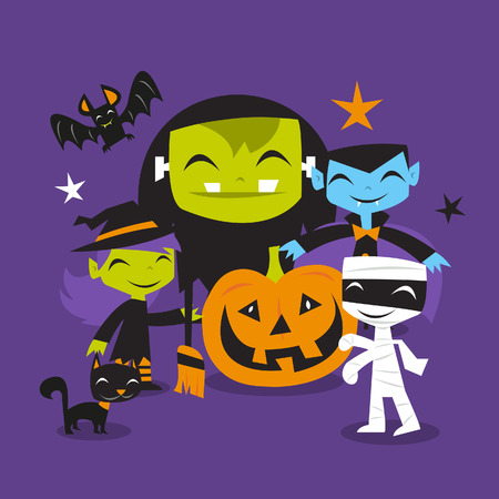 A illustration of whimsical and jolly halloween monsters scene.のイラスト素材