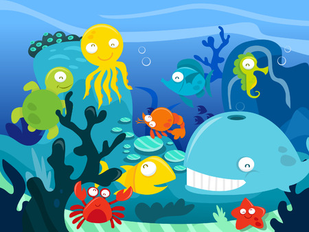 A cartoon illustration of highly detailed underwater scene with a bunch of happy silly cute sea animals like whale, fishes, octopus, turtle and crabs.のイラスト素材