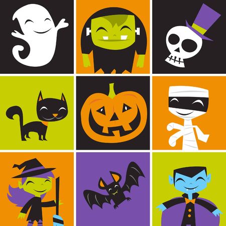 A illustration of retro inspired jolly Halloween monsters tile mosaic.のイラスト素材