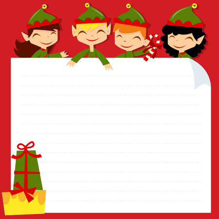 A cartoon illustration of christmas santa\'s elves wishlist/list copy space design.のイラスト素材