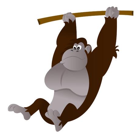 A cartoon illustration of a big gorilla swinging on a tree branch.のイラスト素材