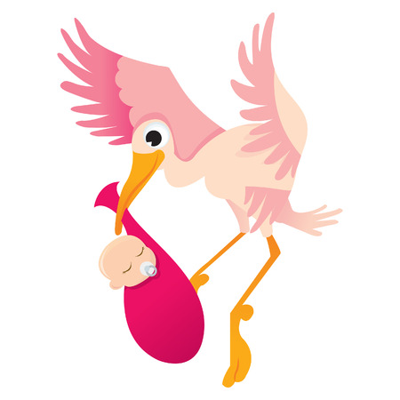 A cartoon illustration of a happy stork with a baby.のイラスト素材