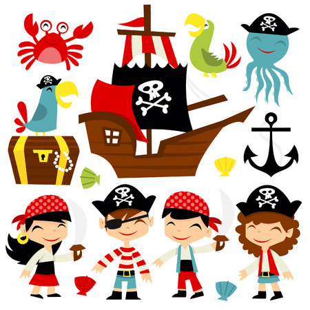 A cartoon illustration of retro pirate adventure theme set. Included in this set:- boy pirate, girl pirate, pirate ship, parrots, treasure chest, octopus and crab.のイラスト素材