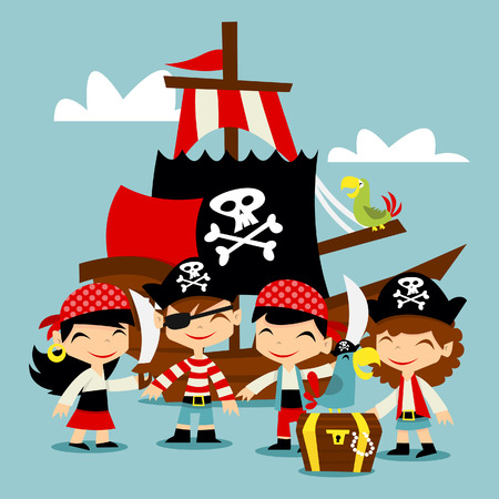 A illustration of retro pirate adventure kids scene.のイラスト素材