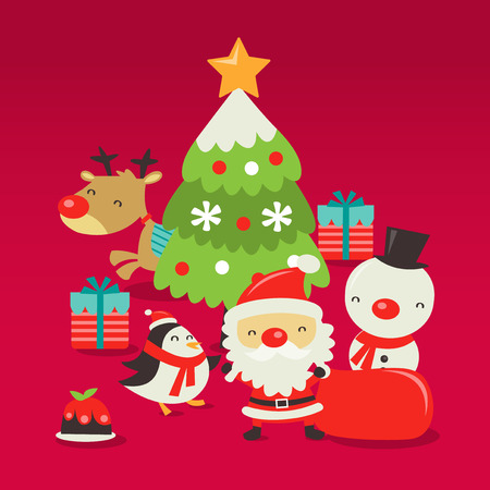A vector illustration of retro cute christmas scene with santa claus, christmas tree, reindeer, christmas gifts, snowman, penguin, gifts and pudding.のイラスト素材