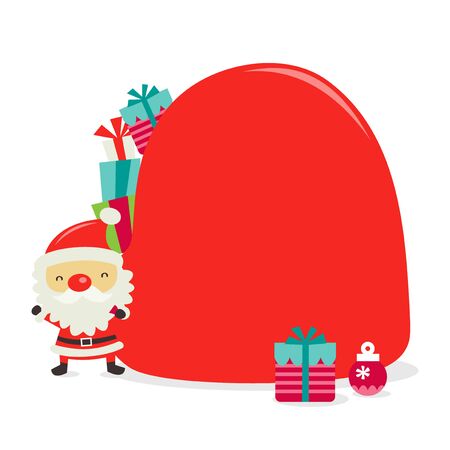 A cartoon vector illustration of a cute retro santa clause with a big red toy sack as copy space.のイラスト素材
