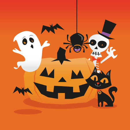 A cartoon vector illustration of retro haunted halloween scene with jack o lantern pumpkin, spooky ghost and skeleton, spider, black cat and bats.のイラスト素材