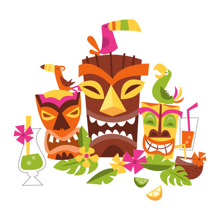 Three grimacing Tiki party masks surrounded by leaves and drinks.  A bird stands on the brown mask.  To the left is a yellow Tiki mask with a green bird on its head.  The orange mask has a matching bird perched on top of its head.  Decorative leaves and fのイラスト素材