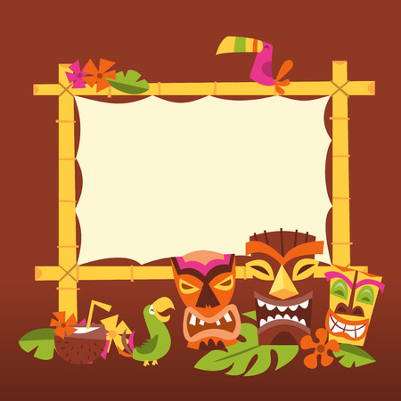 A vector illustration of 1960s retro inspired cute hawaiian luau party blank bamboo sign with tiki statues and tropical birds.のイラスト素材