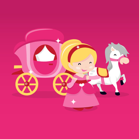 A cartoon vector illustration of a happy princess in front of a horse drawn carriage on a pink background.のイラスト素材