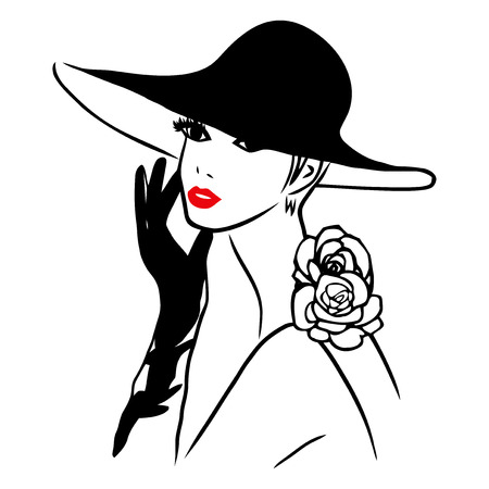 This image is a vector illustration of an elegant lady wearing a big black hat and black gloves.  The drawing is stylized and minimalist. The drawing lines are in black while the lips of the lady is red on a white background.のイラスト素材