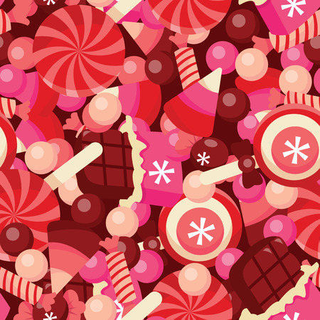 This image is a vector illustration of sweet chocolates and candies pile seamless pattern background. The candies are in pink, red and beige tone while the background is in brown.のイラスト素材