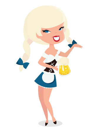 A vector illustration of a cartoon oktoberfest beer wench girl in retro pin up style. She is wearing a traditional sexy beer maid costume and holding a mug of beer and showing something with her hands.のイラスト素材