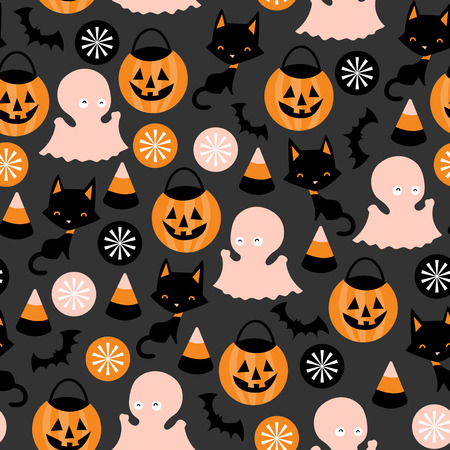 A vector illustration seamless pattern background of halloween trick or treat theme. The pattern is whimsical and be easily tile-able.のイラスト素材
