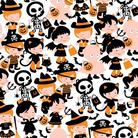 A whimsical seamless pattern background of a group of cute kids in halloween costume going trick or treating. This repeat pattern is easily tile-able.のイラスト素材