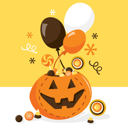 A vector illustration of a jack o lantern container that holds a bunch of candy treats for halloween. Ideal for party invitations or halloween promotion ad.のイラスト素材