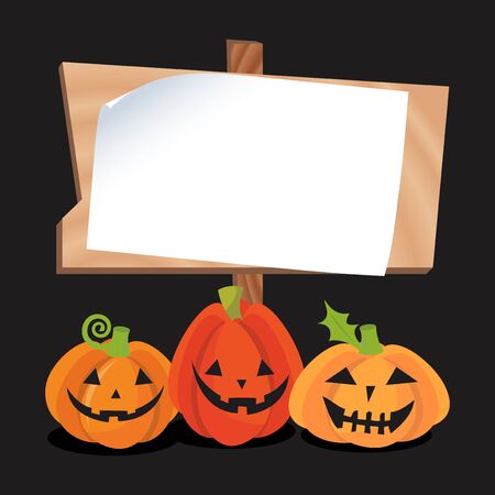 A vector illustration of a blank copy space wooden sign with a bunch of halloween jack o lantern pumpkins.のイラスト素材
