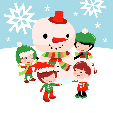 A cartoon vector illustration of a bunch of cute kids wearing winter wear, playing with snow and making a snowman in winter landscape.のイラスト素材