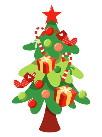 A vector illustration of a fun christmas tree filled with ornaments, gifts, stocking and candy cane.のイラスト素材