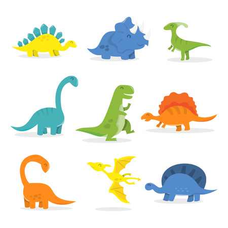 A vector cartoon illustration of happy dinosaurs set. Included in this set: t-rex,triceratops,tyrannosaurus,Pterodactyls,Stegosaurus,spinosaurus,long neck/Apatosaurus and more.のイラスト素材
