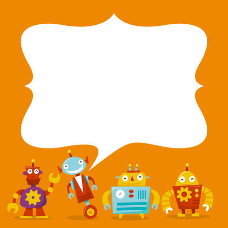 A vector illustration of happy retro robots theme blank copy space message.のイラスト素材