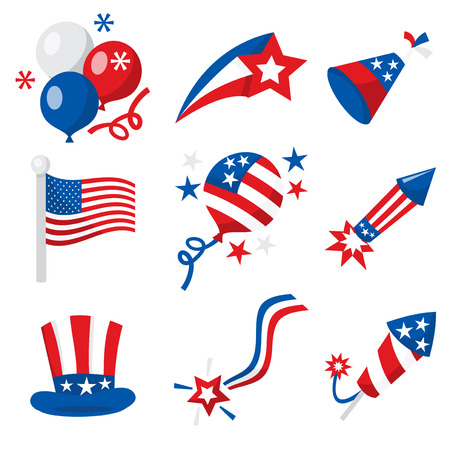 A vector illustration of fourth of july or american patriotic icons like balloons, firecrackers and decorations.のイラスト素材