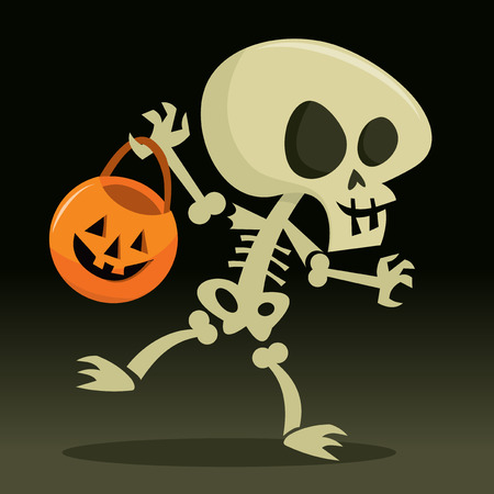 A cartoon vector illustration of a happy skeleton going trick or treat for halloween.のイラスト素材