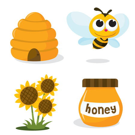 A vector illustration set of honey bee related icons like happy honey bee, beehive, honey jar and sunflower.のイラスト素材