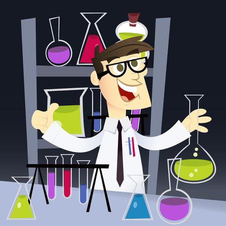 A cartoon vector illustration of a happy geek in science laboratory.のイラスト素材