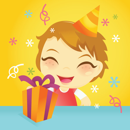 A cartoon vector illustration of a happy birthday boy and his birthday gift.のイラスト素材