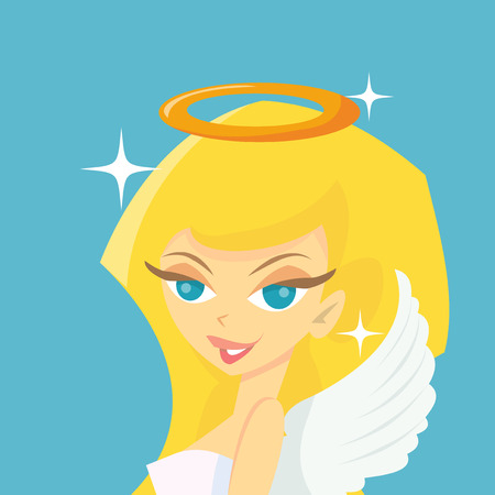 A cartoon vector illustration of a sweet blonde angel with wings and halo.のイラスト素材