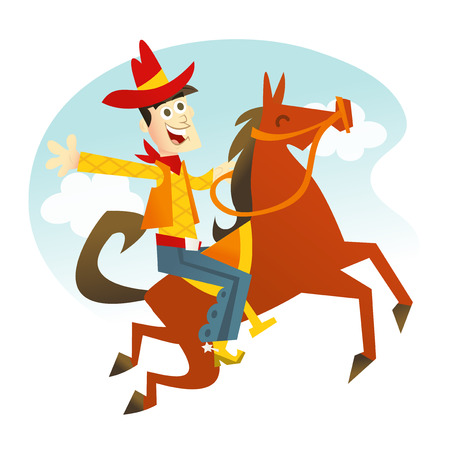 A cartoon vector illustration of a happy cowboy riding a jumping horse.のイラスト素材