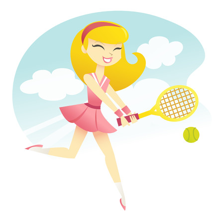 A vector illustration of a happy girl playing tennis.のイラスト素材