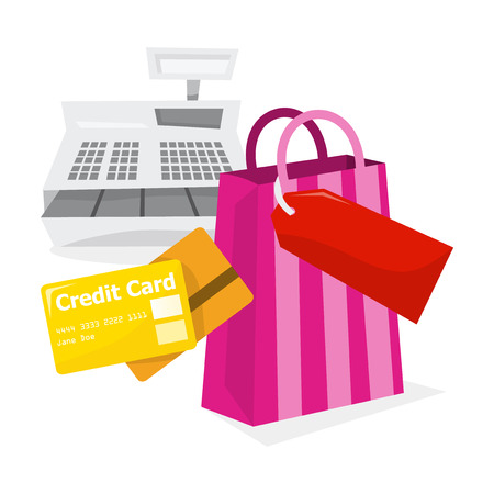 A vector illustration of the concept of retail shopping sale with credit card and cash register.のイラスト素材