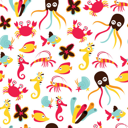 A vector illustration of cute and colorful sea creatures theme seamless pattern background.のイラスト素材