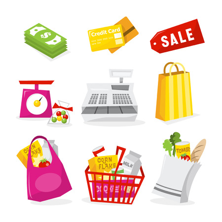 A vector illustration of retail/shopping related theme icons. Included in this set:- money/cash, credit card, sale tag, weighing scale, cash register, shopping bag, grocery bag, grocery basket and paper.のイラスト素材