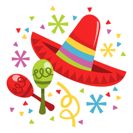 A vector illustration of mexican musical instrument maracas and sombrero hat.のイラスト素材