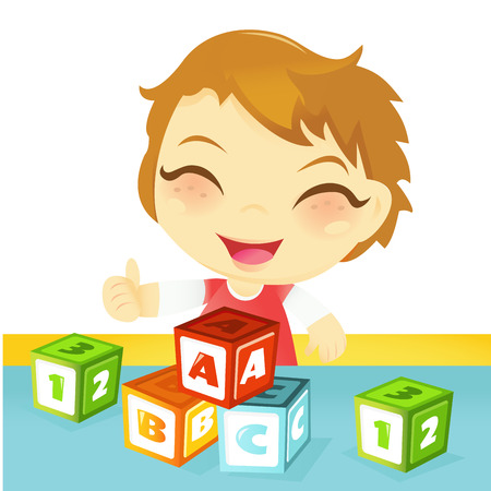 A cartoon vector illustration of a cute happy little boy having fun playing with letter building blocks toy.のイラスト素材
