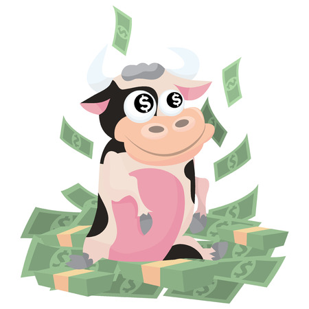 A cartoon vector illustration of the saying cash cow. A cute cow sitting on top of pile of money.のイラスト素材