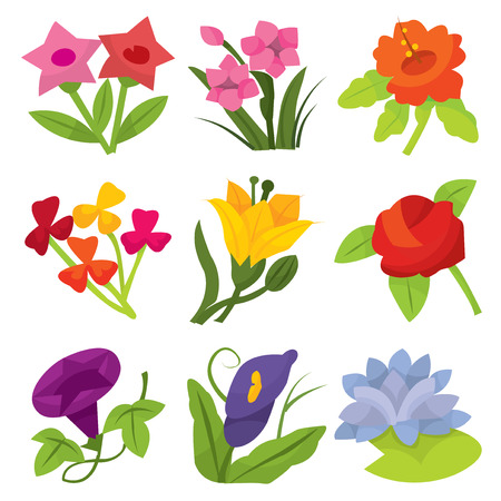 A set of nine different colorful flowers cartoon vector illustration.のイラスト素材