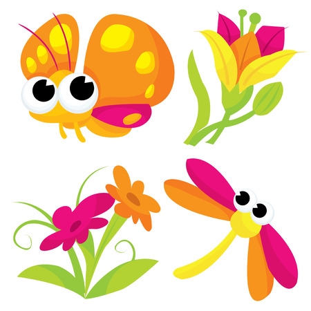 Cute cartoon insects and flowers vector illustration.のイラスト素材